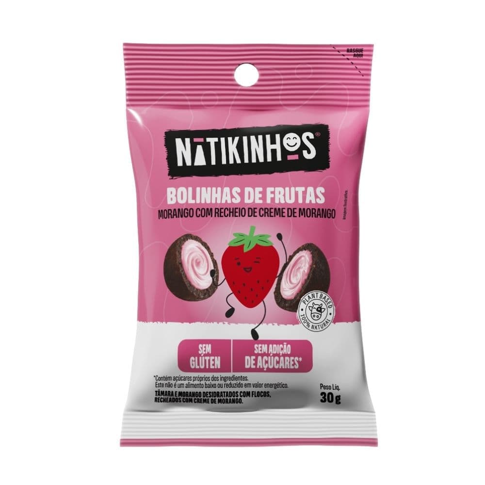 Bolinhas de Frutas Natikinhos Morango com Recheio de Creme de Morango Sem glúten e Açúcar 30g