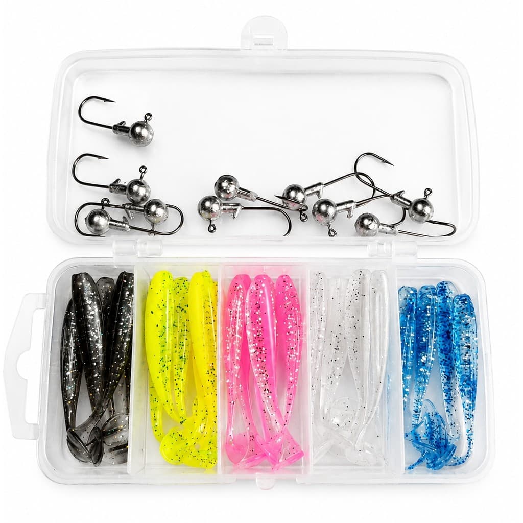 Kit 35pcs Isca Macia Soft Bait Silicone Ultra Lite Shad 5.5cm Jig Head 3.5g