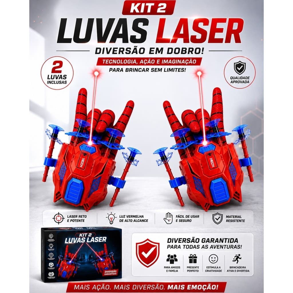 Kit 2 Luvas Laser Homem Aranha Lançador de Teia Infantil Com Laser e Dardos