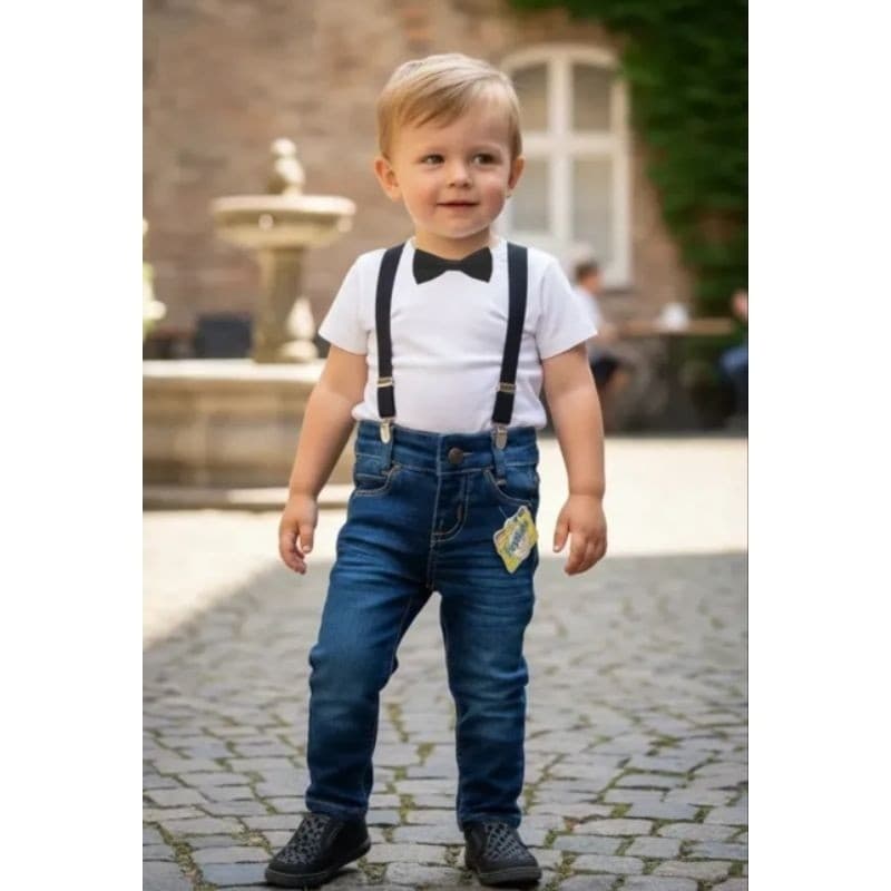 kit Calça jeans com suspensório  e gravata  p m g e RN é 1 2 3 anos para batizado e casamento  festa bebês recém nascido