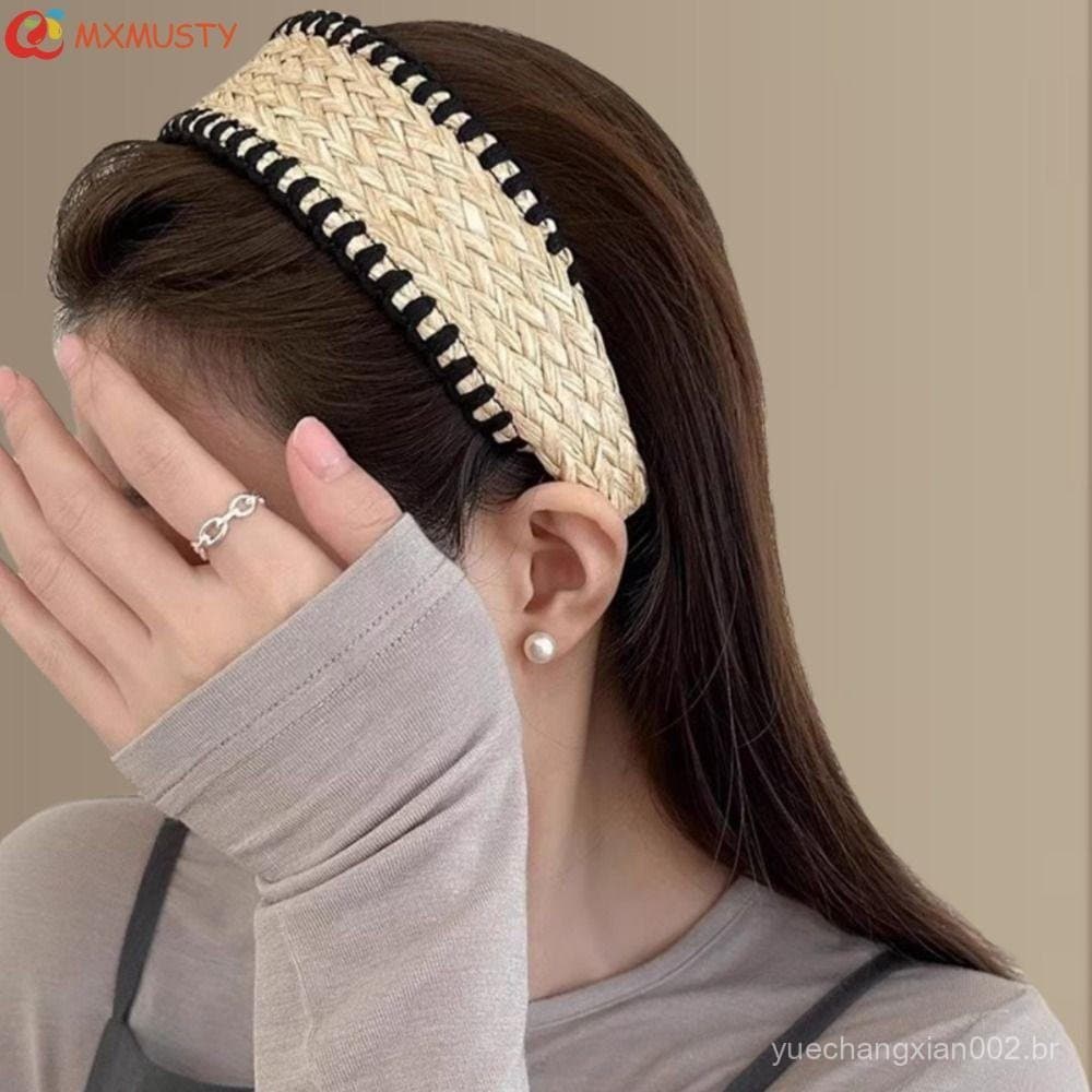 MXMUSTYZA Faixa De Cabelo De Grama De Ráfia , Cabeça De Palha Tecida Boêmia , Argola Estilo Boêmio Férias