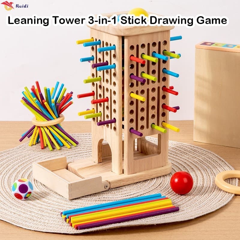 Torre De Madeira Do Quebra-Cabeça Pisa-Jogo Educacional 3 Em 1 Com Varas Coloridas Para Crianças Brinquedo Interativo Pa