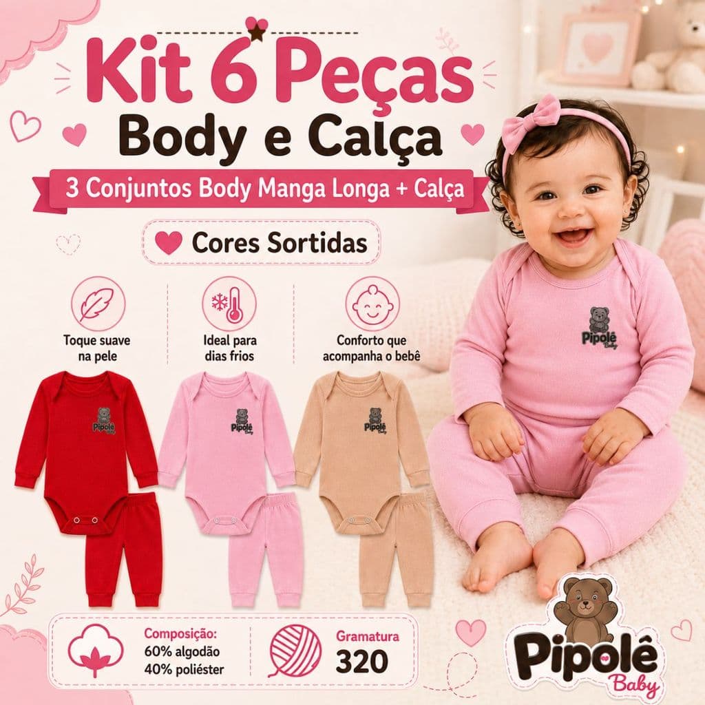 Kit 6 Peças Pipolê Menina Conjunto Bebê Body Manga Longa e Calça Algodão