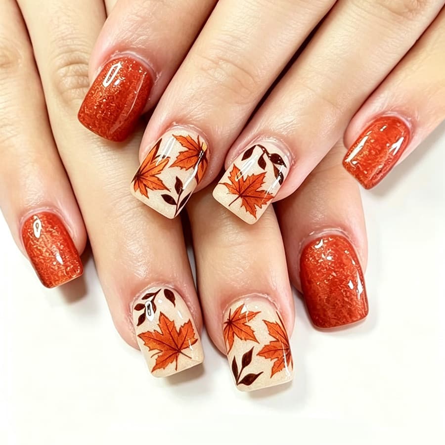 24 unhas postiças quadradas, curtas e brilhantes, em tom vermelho-marron com glitter de folha de bordo para decoração de