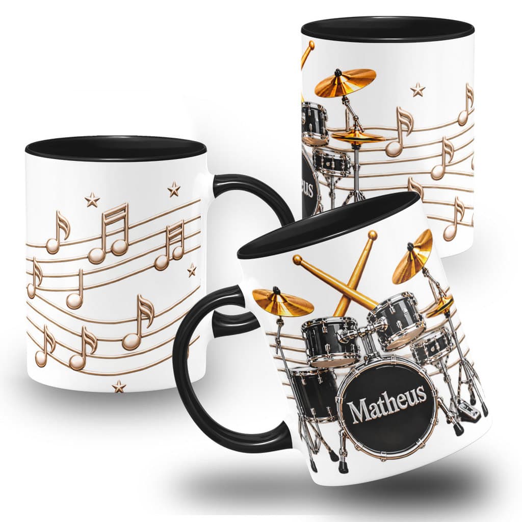 Caneca Baterista com Bateria e Notas Musicais Personalizada com Nome - Colorida