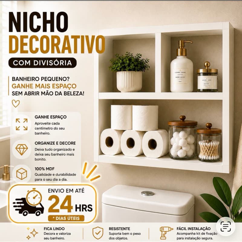 Nicho Decorativo Multi uso com Divisória 100% MDF Prateleira de Parede Organizador para Banheiro Sala Quarto