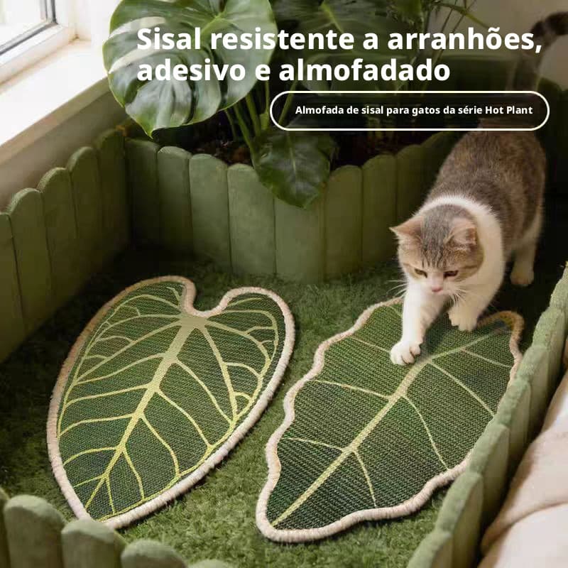 Placa arranhadora para gatos em formato de folha de sisal natural, pode ser fixada na parede, é durável e resistente