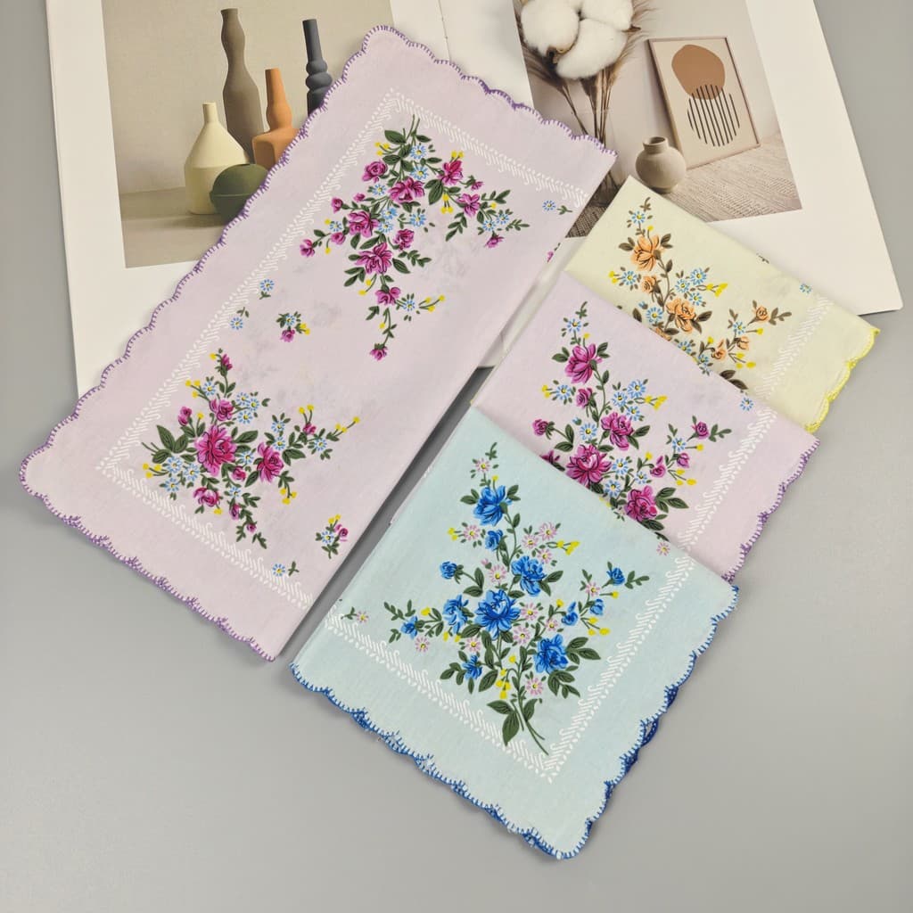 Lenço estampado reativo de algodão, lenço feminino com borda crescente, retrô, absorvente de suor, refrescante, pequeno