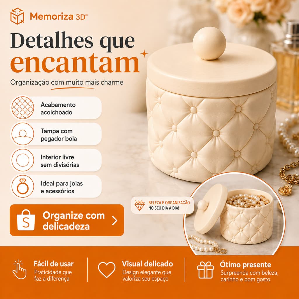 Porta-Joias Decorativo Acolchoado com Tampa Organizador para Anéis Brincos e Acessórios