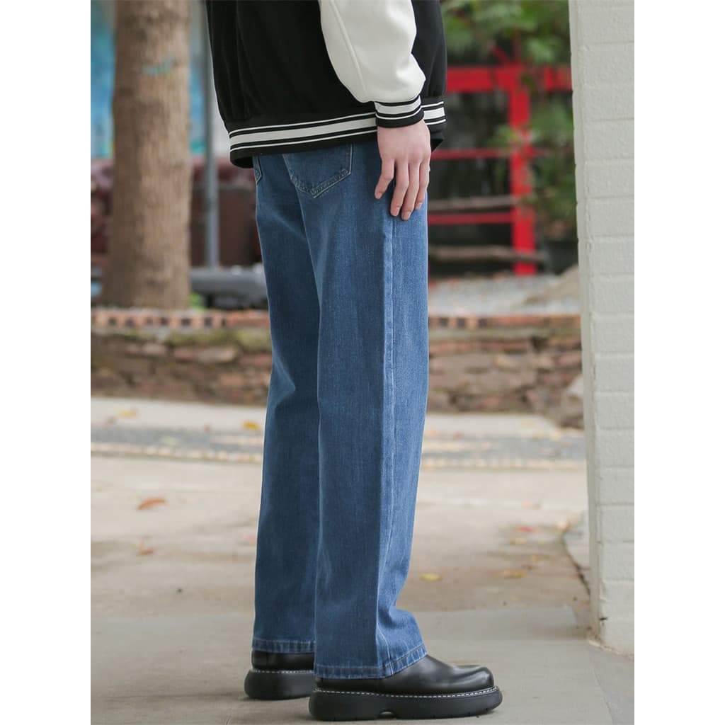 Estilo americano rufião bonito High-End calças de perna larga azul escuro Jeans masculino simples solto na moda calças d