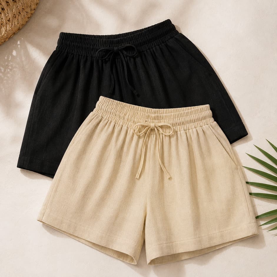 Kit 2 Short Feminino Linho Cintura Alta com Bolsos Laterais Casual com Cós de Elástico Conforto e Estilo