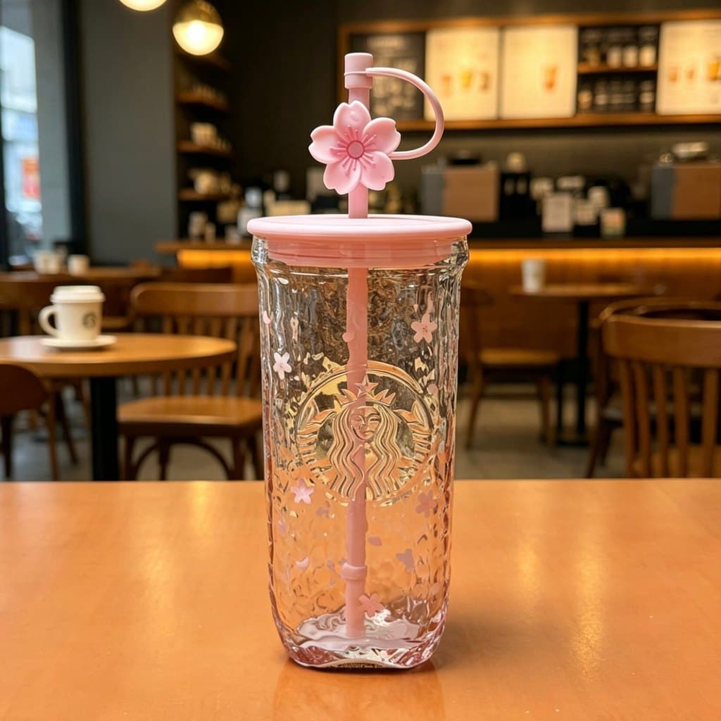 Starbucks primavera cereja rosa triângulo gelo padrão copo de palha de vidro presente da menina copo bebendo frio com pl