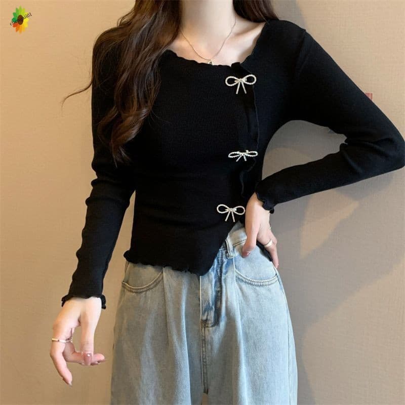 Top de Malha com Barra Francesa – Camiseta Irregular para Mulheres Outono 9H3U