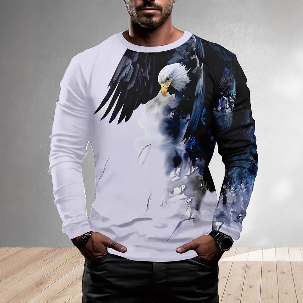 Camiseta masculina casual de gola redonda, simples, nova, de manga longa, com estampa 3D.