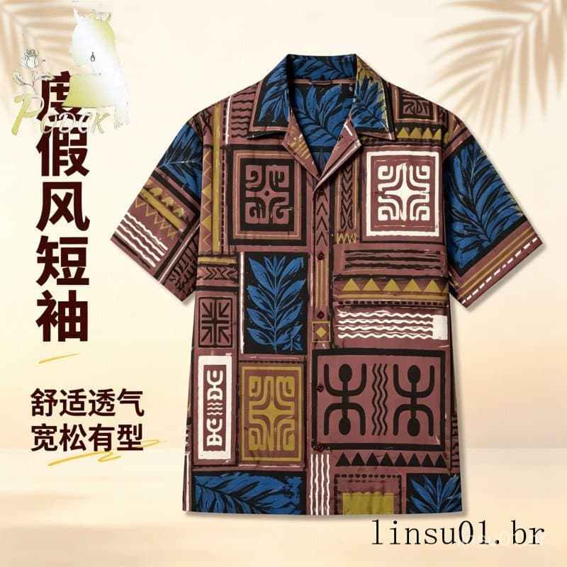 Camisa masculina de manga curta com estampa de tribo retrô americana fluxo gola cubana férias Casual camisa extravagante