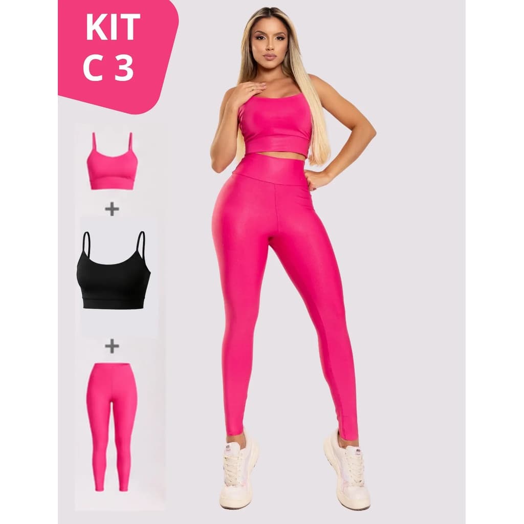 KIT Conjunto Feminino Fitness Completo Com Calça Legging E Top Academia P Ao GG AFD
