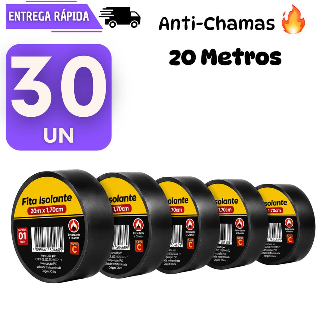Kit 30 Fita Isolante Preta 20 metros Anti chamas Instalação Elétrica Alta Resistência Profissional Fitas Silver Cabo Fio