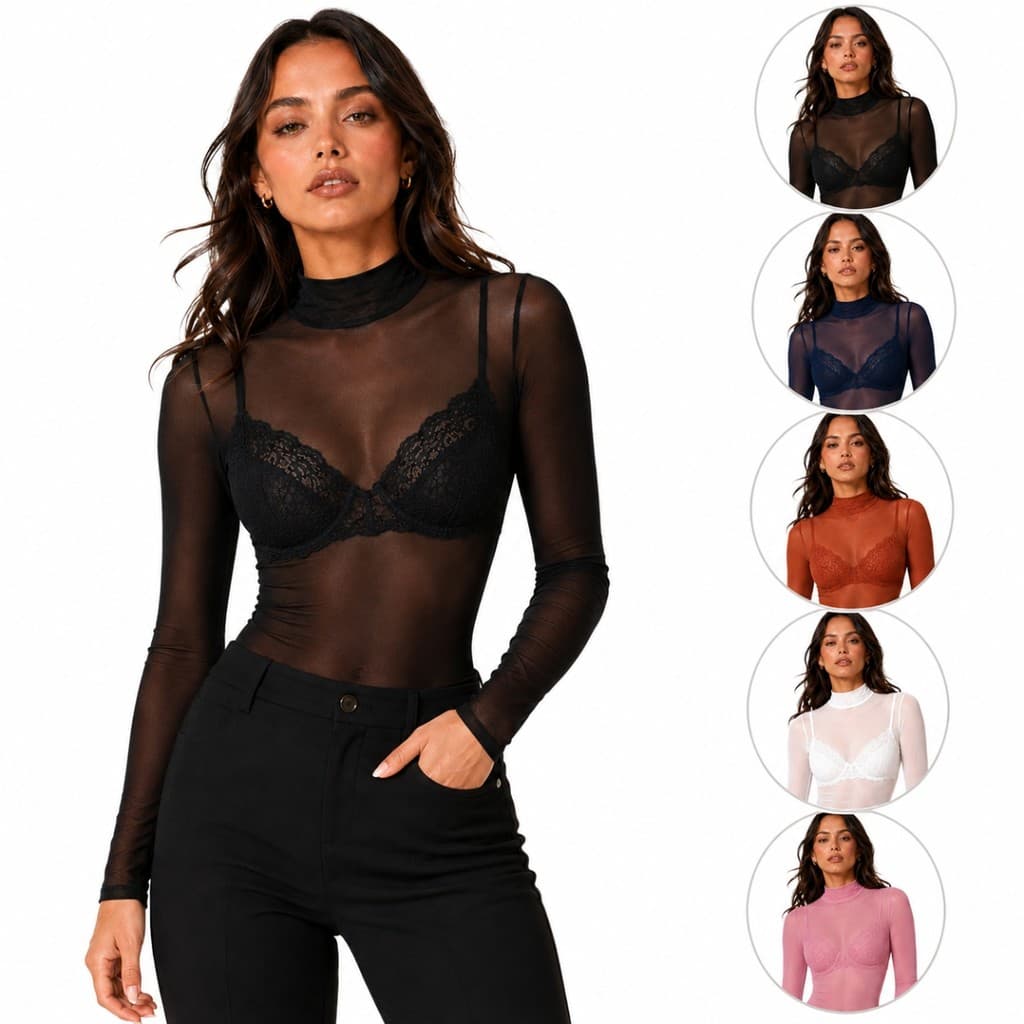 Blusa Feminina Tule Transparente Gola Alta Manga Longa Segunda Pele Básica Moda Casual Confortável