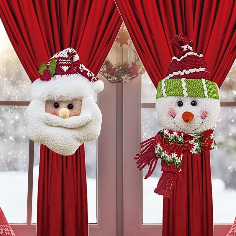 1/2 peças de enfeites rústicos de Natal - Clipes de cortina de Papai Noel e Boneco de Neve com laços xadrez vermelhos, d