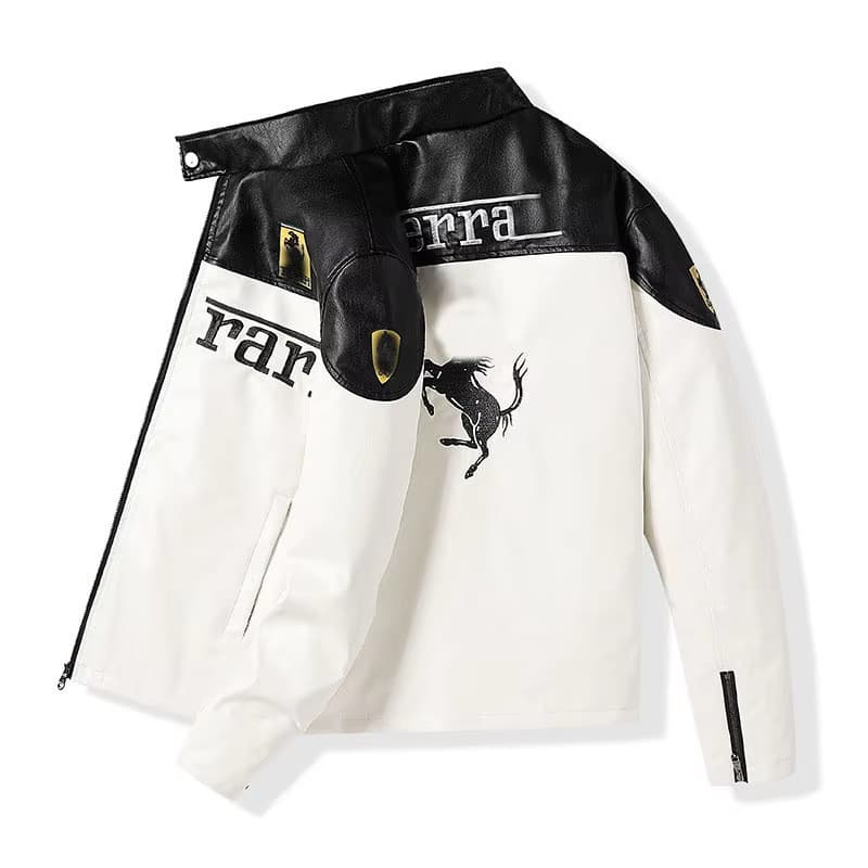 Jaqueta Bomber De Couro PU Bordada Masculina , Estilo De Corrida Motocicleta Streetwear Casual Casal Casaco Leve Para Fe