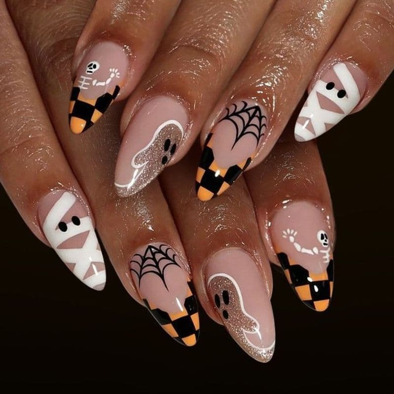 Estoque pronto Unhas afiadas de amêndoa para Halloween usam unhas pretas laranja xadrez fantasma múmia teia de aranha un