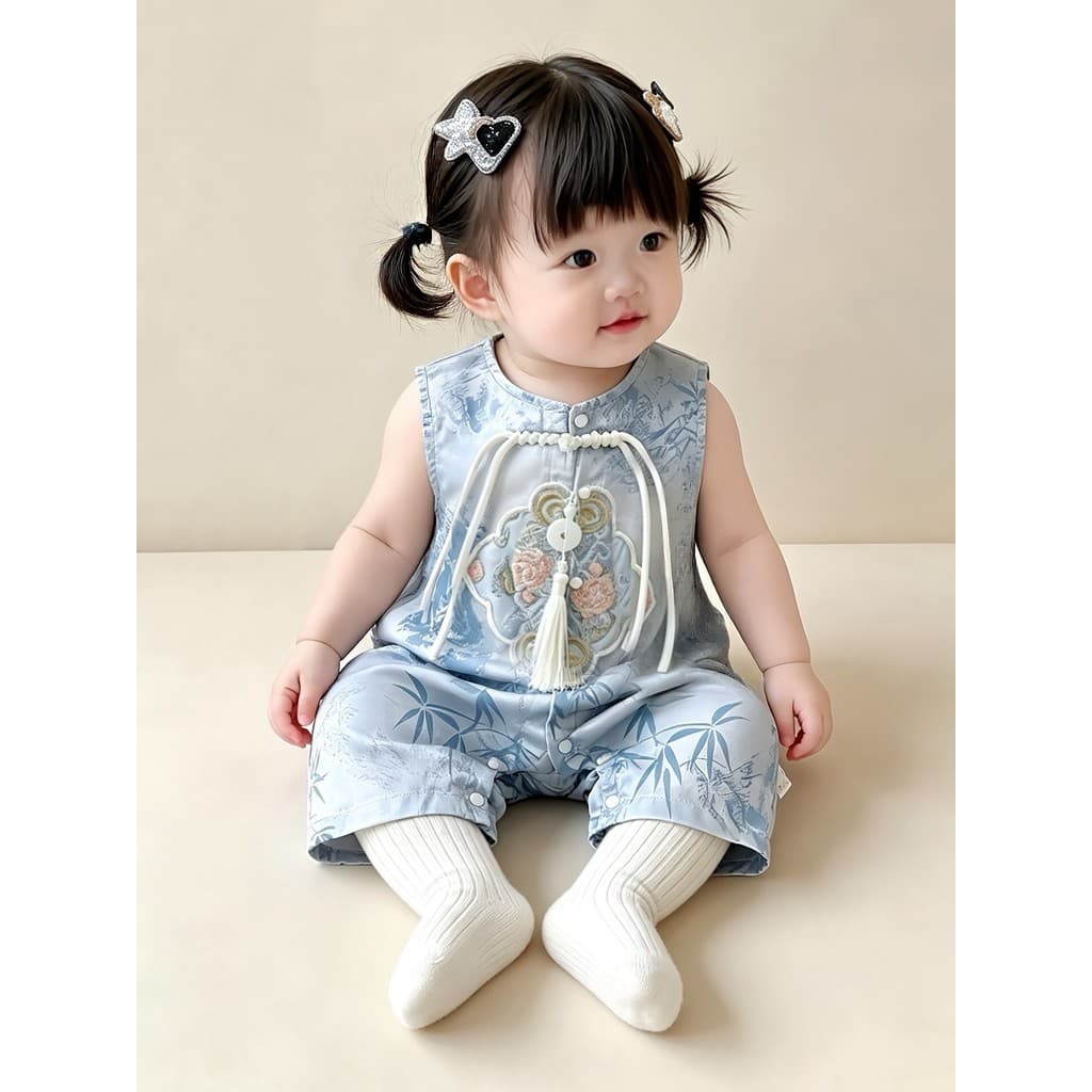 Novo estilo chinês roupas de bebê roupas de verão masculino feminino macacão sem mangas verão Hanfu cem dias de idade ve