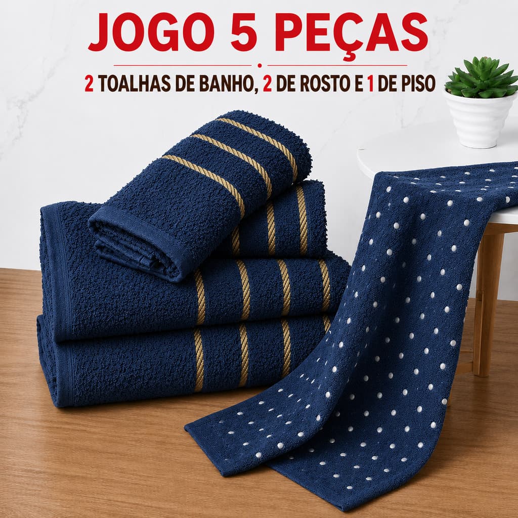 Jogo de Toalhas 5 Peças - 2 Banho + 2 Rosto + 1 Tapete/Piso Antiderrapante 100% Algodão