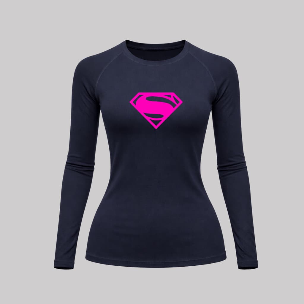Camiseta Feminina Compressão Proteção Uv 50+ Segunda Pele Manga Longa Super Man Rash Guard