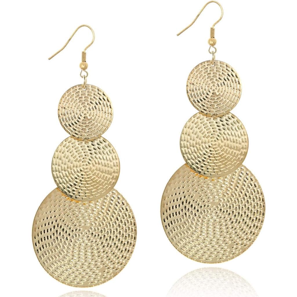 (NOVO) Brincos Pendentes de Ouro 14K com Três Discos Redondos para Mulheres