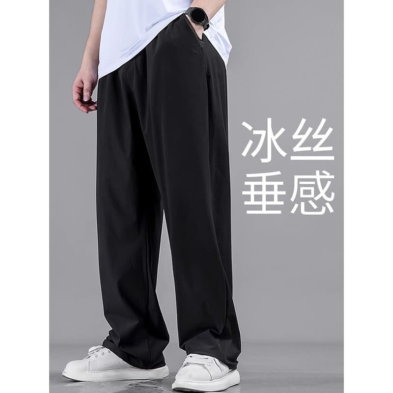 Calças retas de tamanho grande calças masculinas verão Drape preto calças de seda gelo solto mais gordura mais calças ma