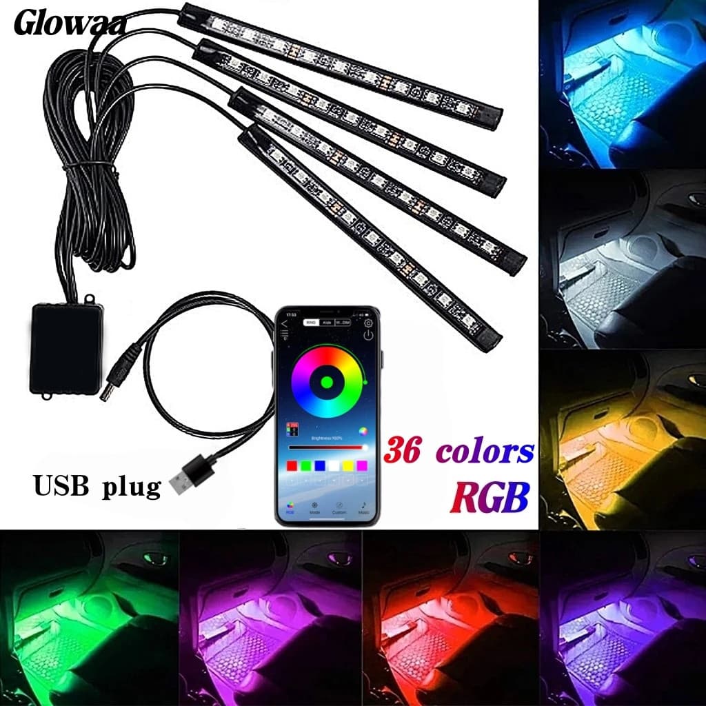 Luz Led Neon RGB 36 colors Cores Ambiente Interno Automotivo Tuning Com Sensor Rítmico 12v