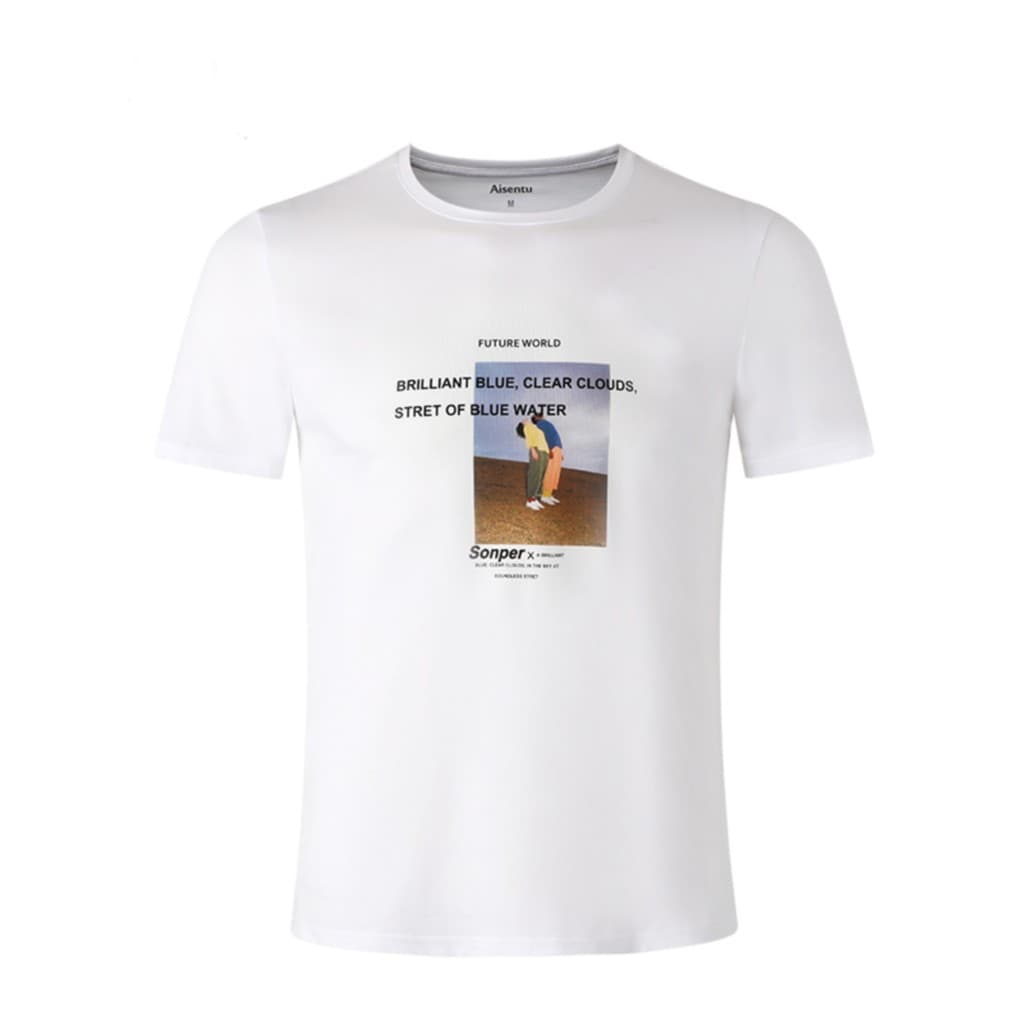 Verão puro algodão respirável impresso em torno do pescoço de manga curta meia manga camisa na moda All-Match