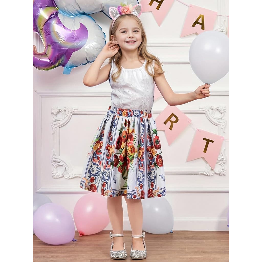 Saia feminina de dança matinal, saia de comprimento médio, saia Floral, verão