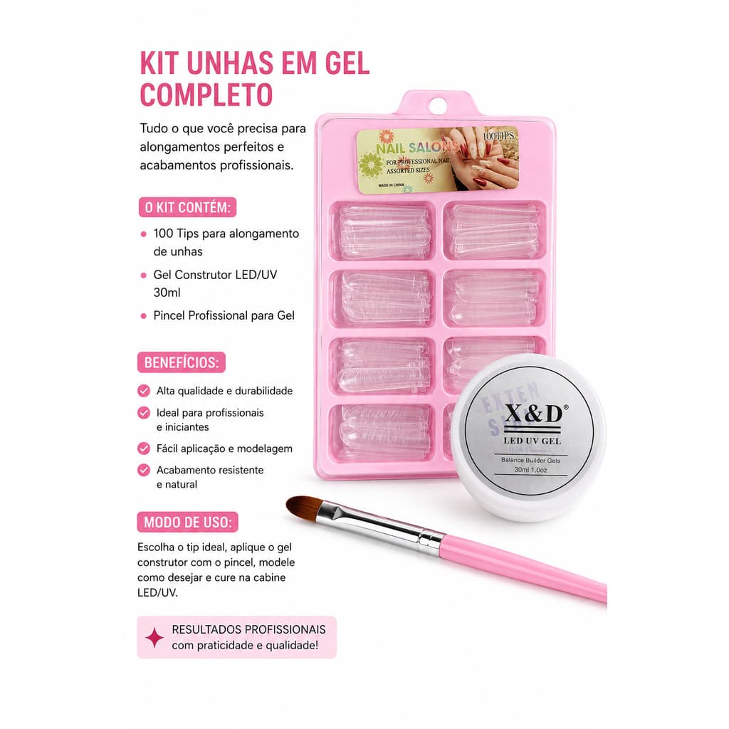 Kit Unhas em Gel Completo – 100 Tips + Gel Construtor Nude 30ml + Pincel