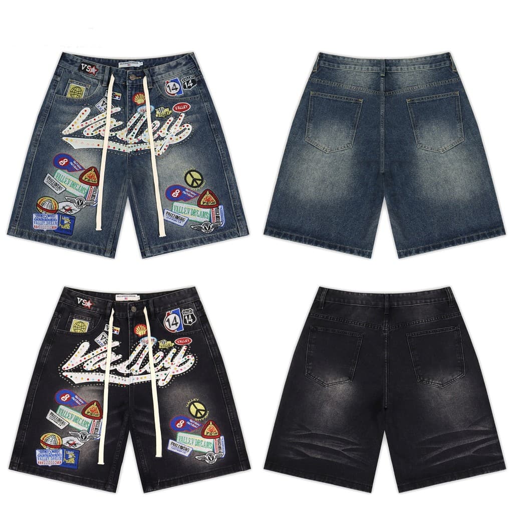 [Venda quente] vale High Street Bordado Logotipo Shorts Jeans Homens Mulheres Soltas Calças Casuais Retas Lavadas Calças