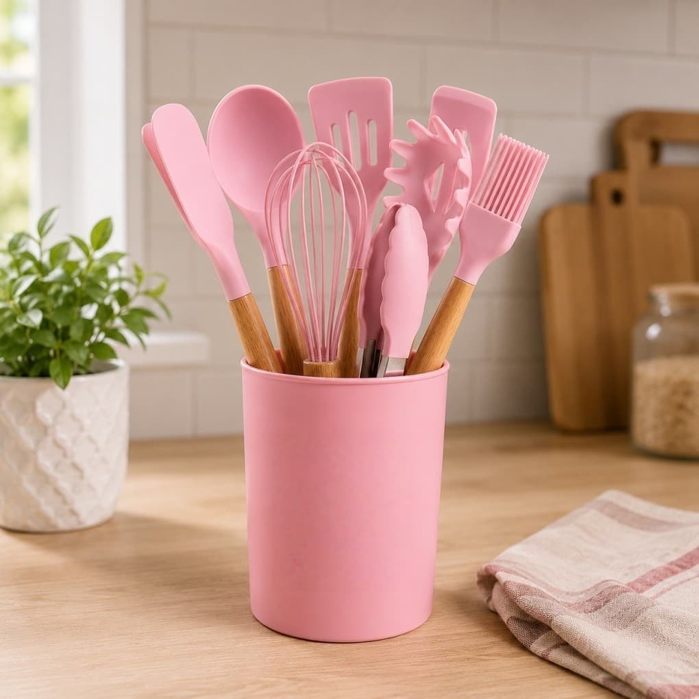 Kit de Utensílios de Cozinha Silicone 12 Peças | Cabo de Madeira | Espátulas, Colheres, Pegador, Fouet e Organizador