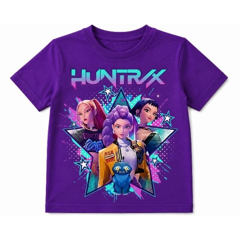 Camiseta Infantil estampa Guerreiras Do K-pop HUNTRX Roxa Menina Kids Algodão