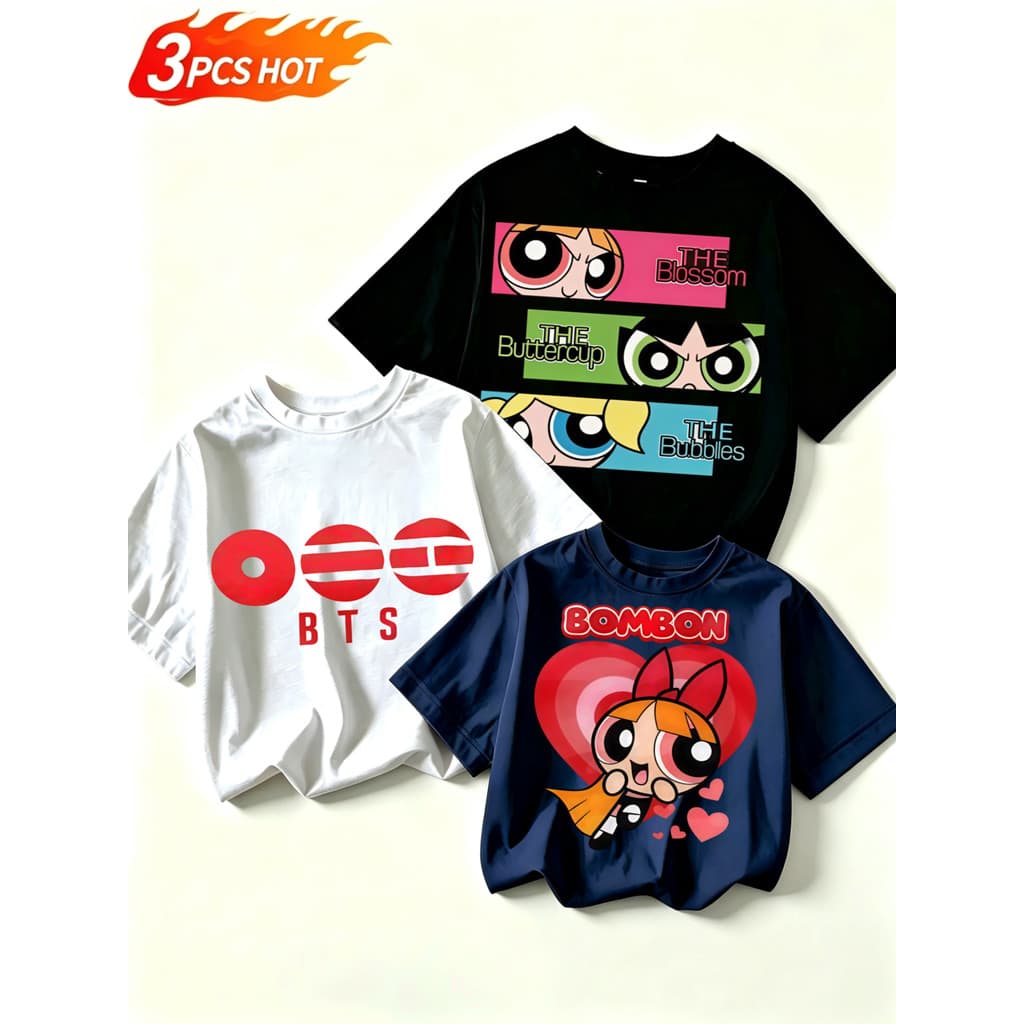 3pcs Camiseta de manga curta com estampa das Powerpuff Girls, 100% algodão, corte folgado, ideal para o dia a dia e ativ