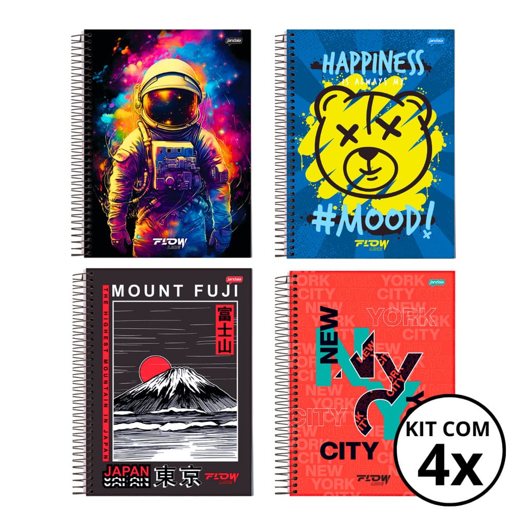 Kit 04 Cadernos Universitário 1 Mat 80 Fls Flow