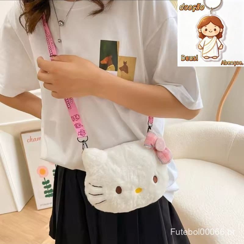 Bolsa de Pelúcia Ajustável da Hello Kitty e da Kuromi - Super Fofa e Estilosa (Acompanha Chaveiro)