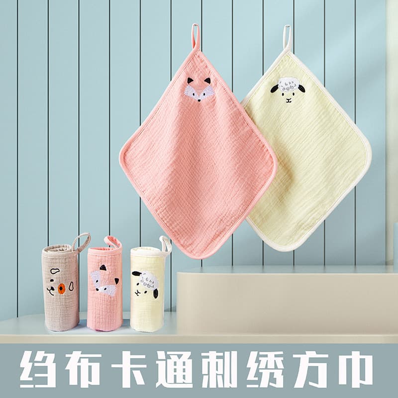 Xinjiang algodão 6 camadas Crepe dos desenhos animados puro algodão pequena toalha quadrada com fivela toalha de Saliva