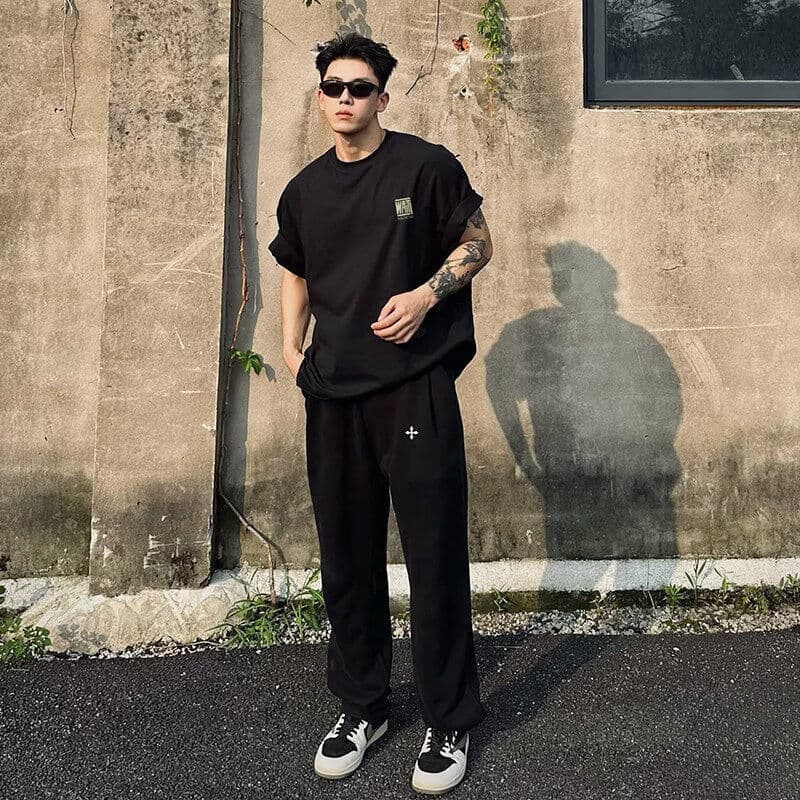 Preto cleanfit pesado genuíno ombro de manga curta masculino verão High-End em torno do pescoço pequeno decote casal mei