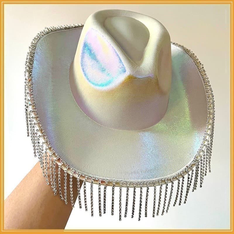 Chapéu de festa de cowboy ocidental de alta qualidade, cor fantasma, strass, borla, chapéu composto a Laser, chapéu de c