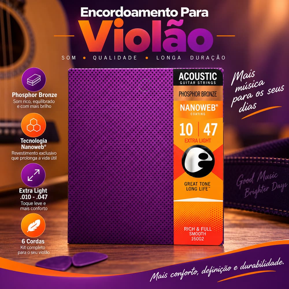 Encordoamento Violão 16002 010 Phosphor Bronze Nanoweb 6 Cordas Aço Acústico Leve Brilho Duradouro