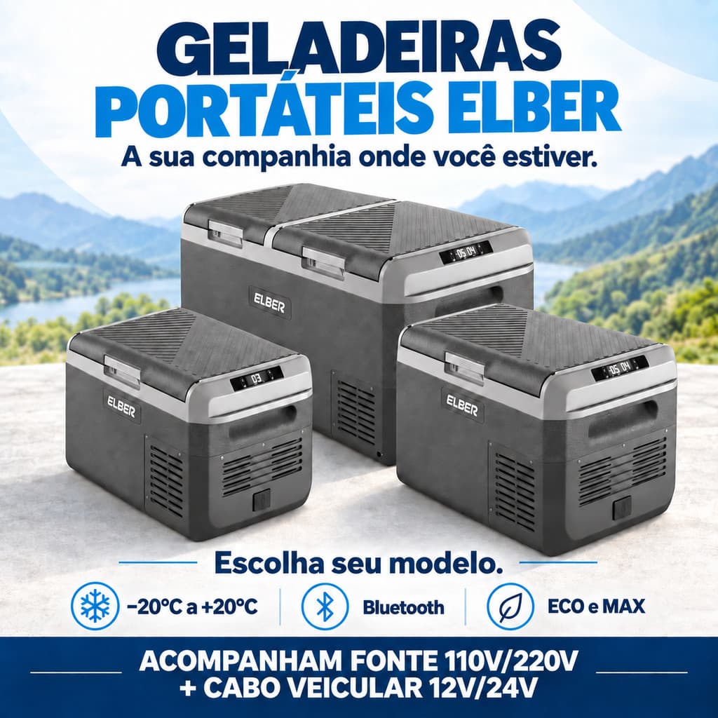 Geladeira Portátil Elber Com Fonte 110/220 e Cabo 12/24v Com Bluetooth Para Carros Caminhão Barco