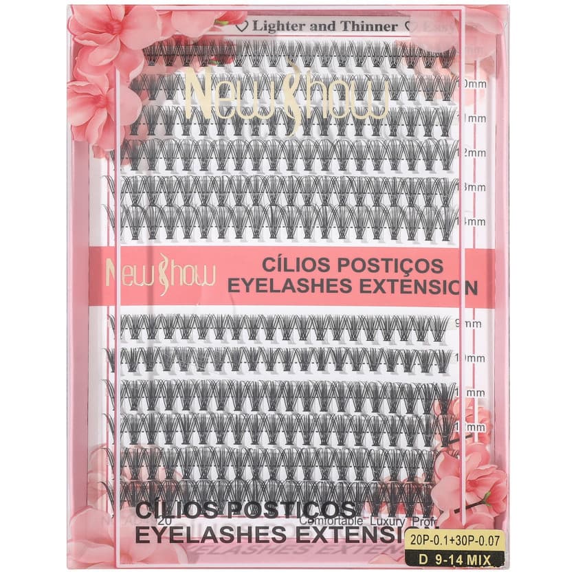 New Show Cílios extensão de Cilios Postiços -Tufos sem Nó-20P+30P-30P+40P-40P+50P-0.07-D 9-14MIX
