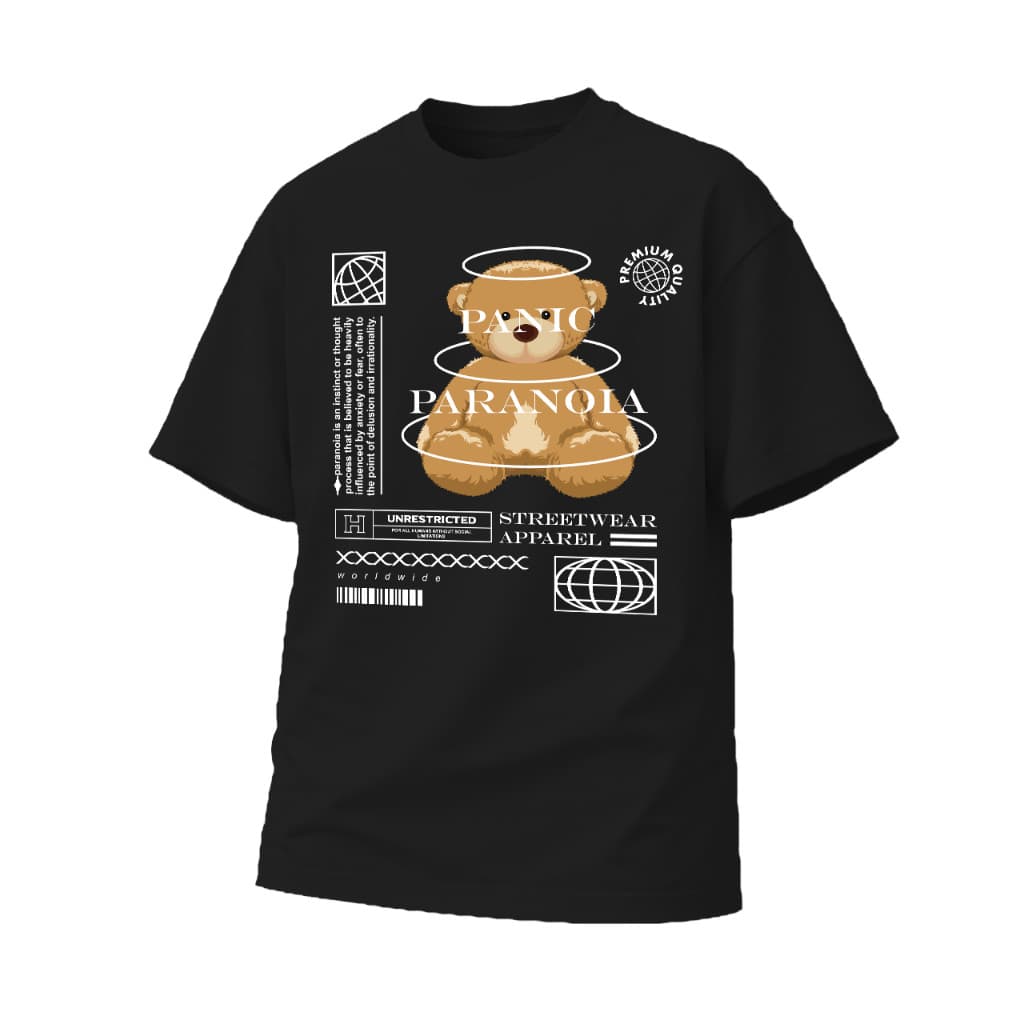 Camiseta Unissex Ursinho “Panic Paranoia” Streetwear – Estilo Fofo com Atitude Urbana e Impacto