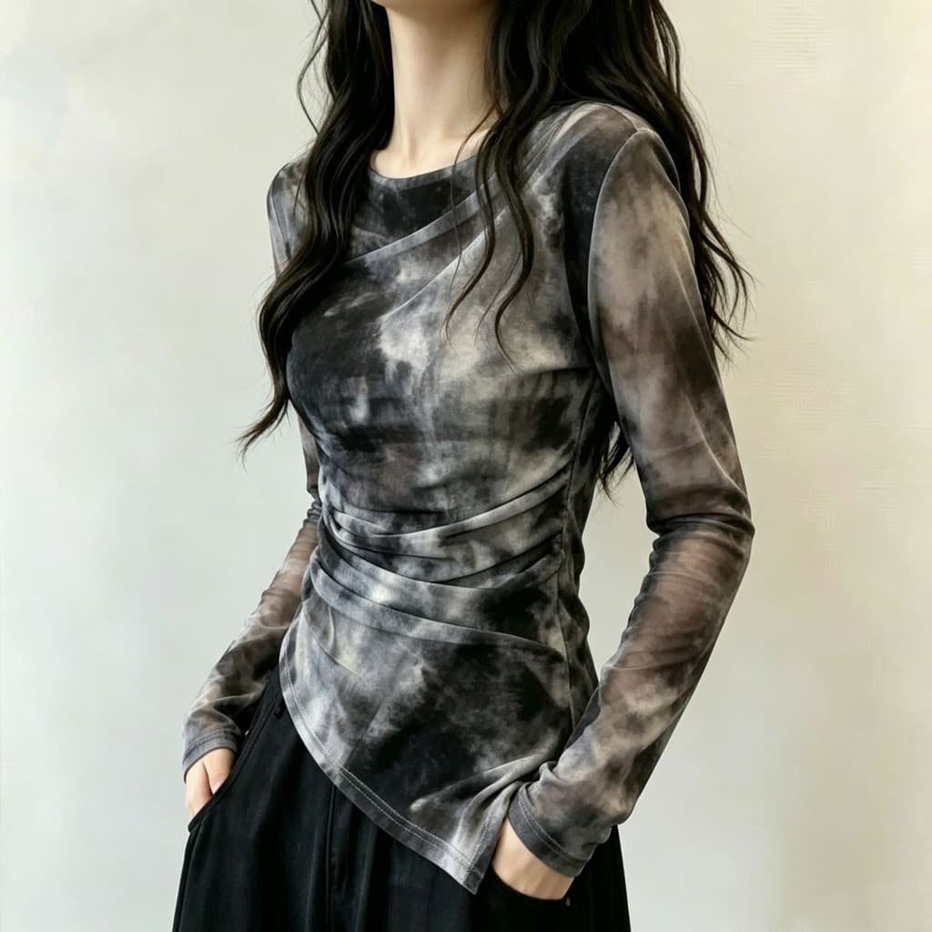 Plus Size Design feminino infecção Tie-Dye manga comprida dupla camada gaze camiseta fino ajuste Irregular protetor sola