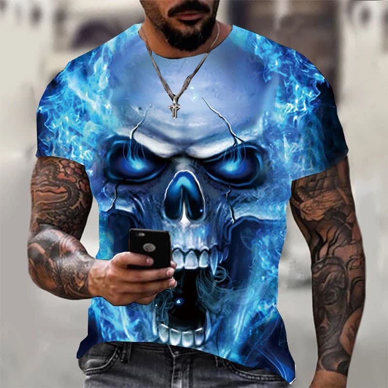 Camiseta De Manga Curta Com Estampa De Caveira Azul 3D Hip Hop