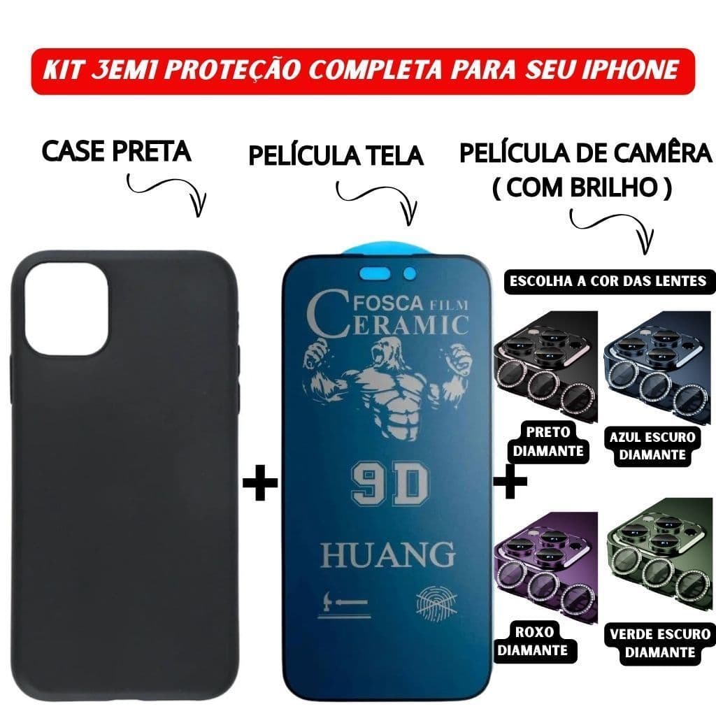 Kit 3em1 Case Preta+Película Cerâmica Fosca Privacidade+Película Câmera Diamante iPhone 11 12 13 14 15 16 Pro Max candy